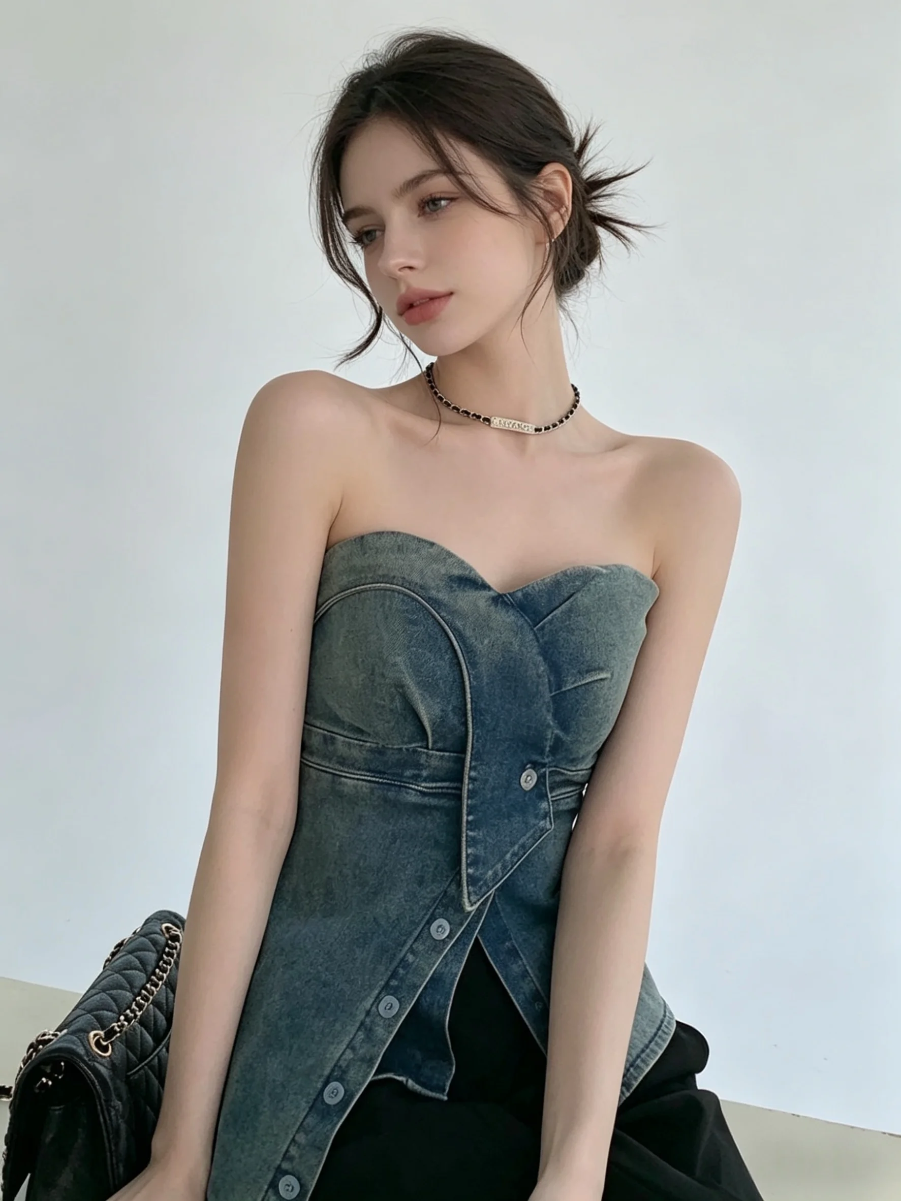 Women\'s Blue Crop Top Vintage Y2k Camisole 90s Aesthetic Streetwear 2000s Off Shoulder Sleeveless Tank Top Fashion 2024 Summer
