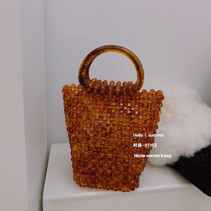 Customized Fashion Ins Handwoven Amber Hawksbill Beaded Crystal Women\'s Handbag New Vintage Texture Portable Ladies Bucket Bag