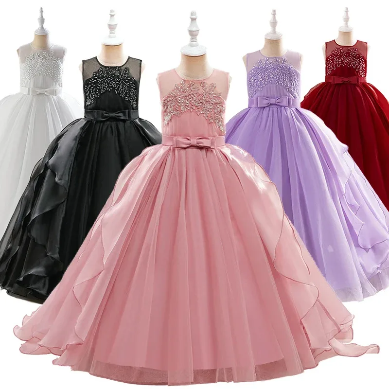 

High Quality Pageant Girl Floor Length Tail Dresses 5-12Y Children's Embroidered Flower Formal Occasion Bridesmaid Elegant Dress