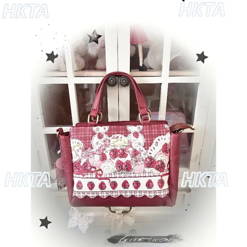Japanese Autumn Sweet Strawberry Printing Plaid Messenger Bag Kawaii Cute Daily Casual Shoulder Handbag Large Capacity Bag Women