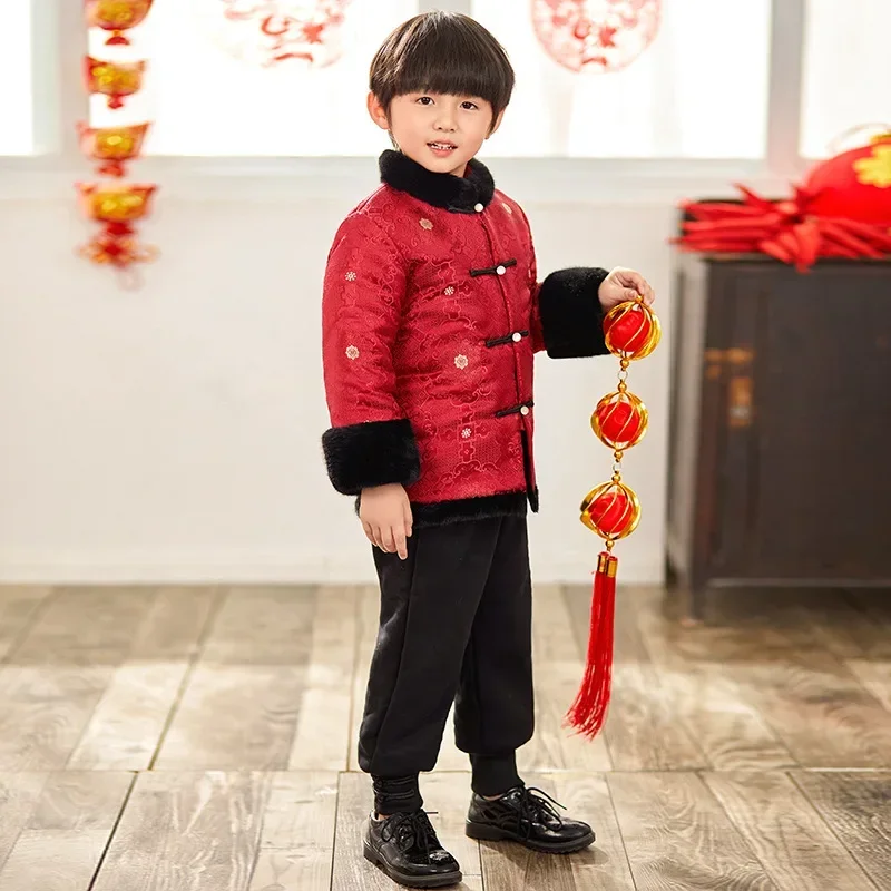 2024 Winter chinesische traditionelle Kinder Satin Tang Anzug für Jungen Fleece verdicken Mantel Hose 2 Stück Set Verbesserung der täglichen Outfits