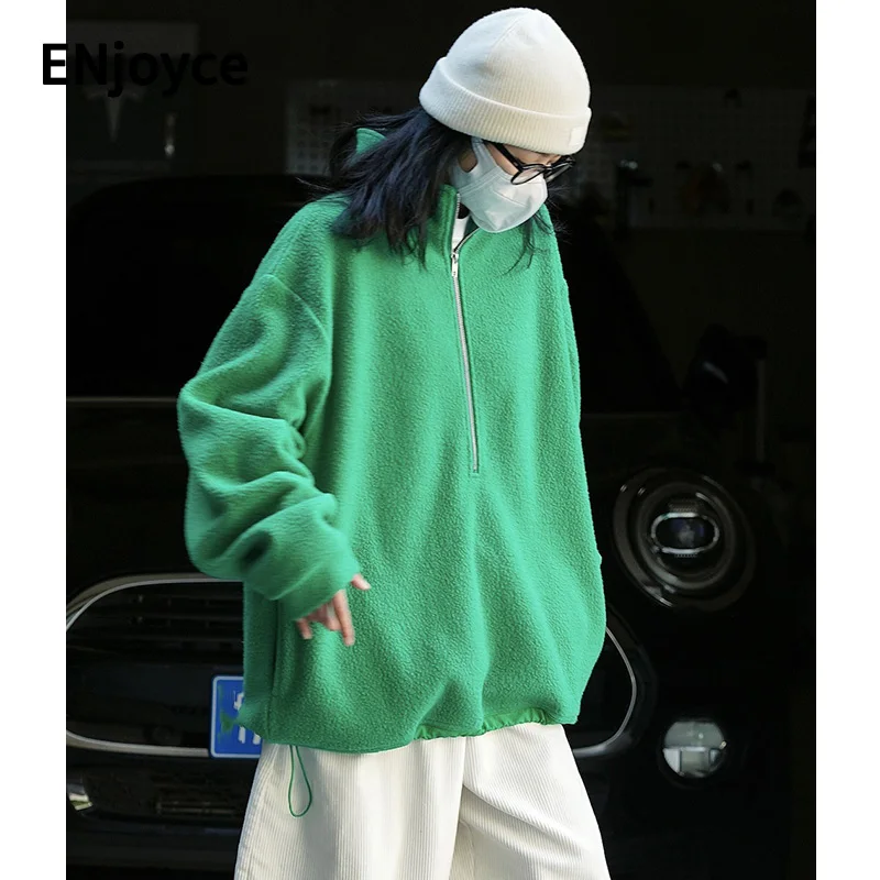

ENjoyce Women Vintage Zipper Stand Collar Velvet Pullover Sweatshirt Casual Loose Thick Plush Sweater Warm Cotton Tops Winter