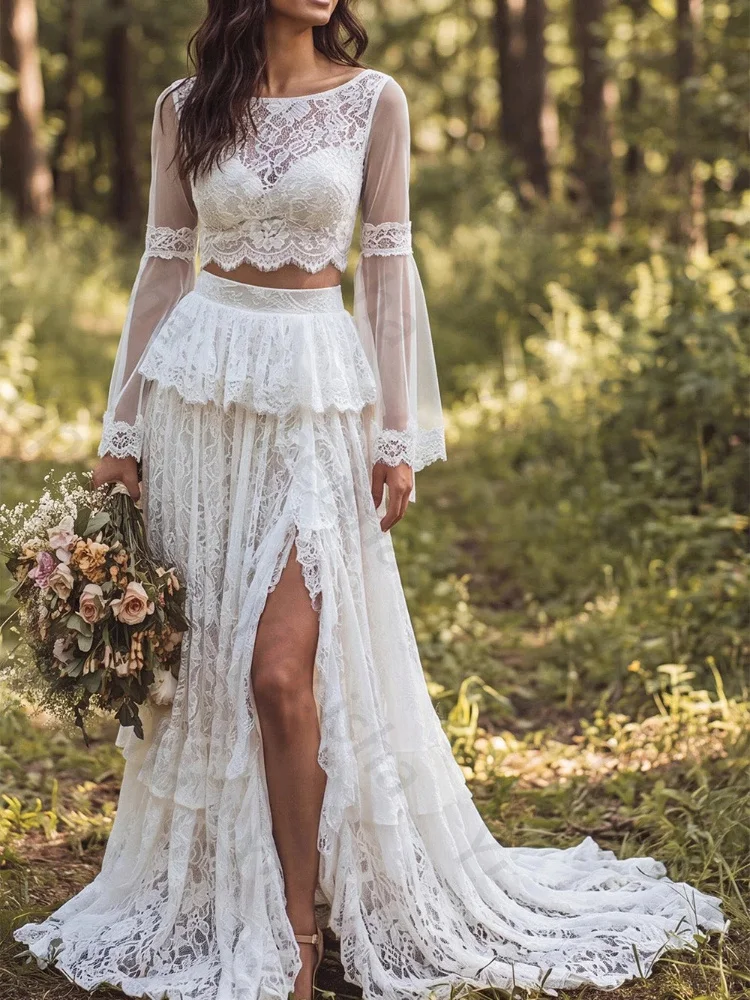 Customized Lvory A-Line Bateau Neck Ruffled Long Sleeves Wedding Elegant Side Slit Evening Dress High Quality Prom Party Gowns