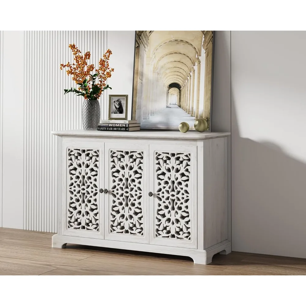 44 خزانة بوفيه جانبية، تخزين لهجة المزرعة مع 3 أبواب منحوتة مجوفة لغرفة المعيشة/الطعام، مطبخ عتيق مع