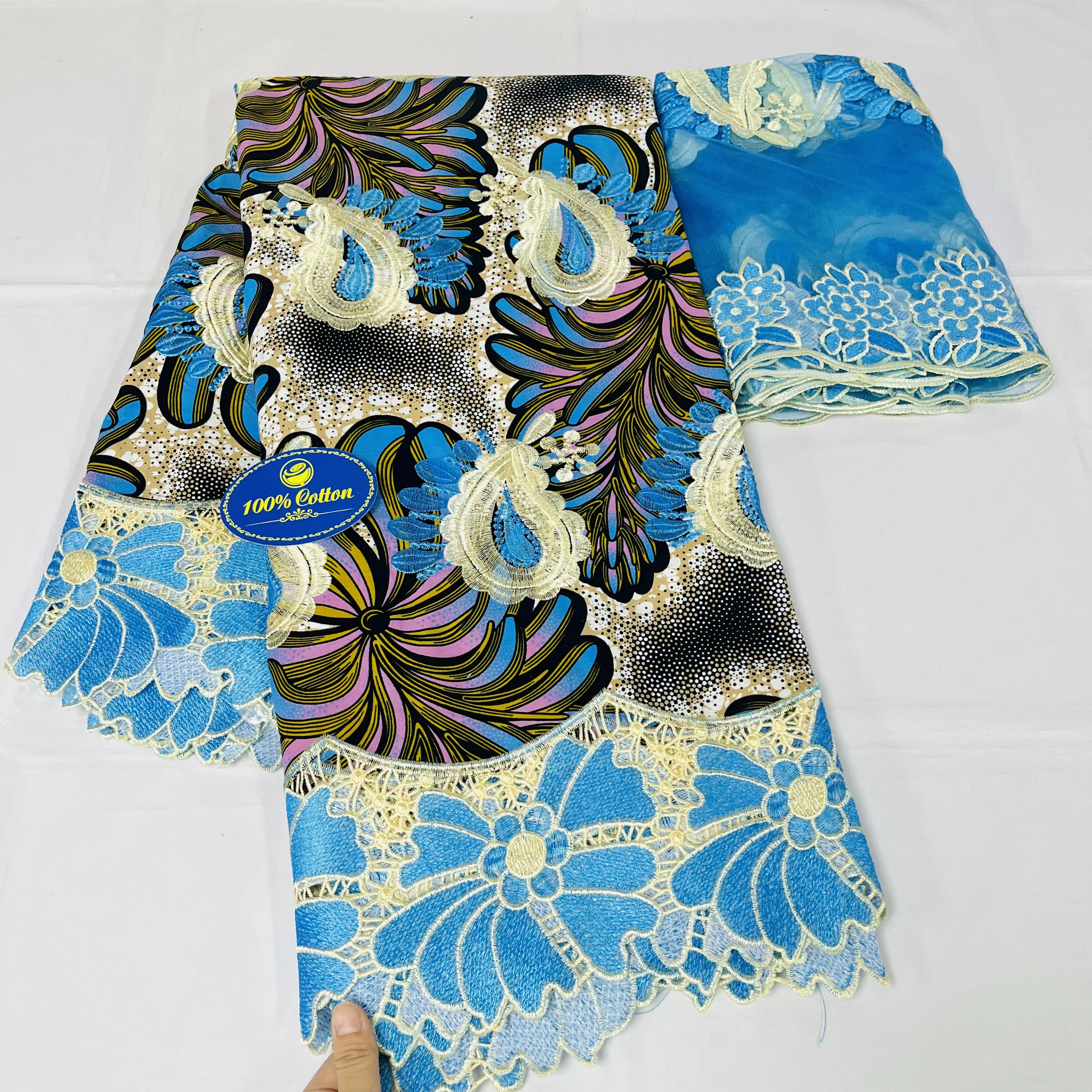 

7-ярдовая африканская восковая парча, кружевная ткань высокого качества, 100% хлопок, Анкара, восковая атласная кружевная ткань с принтом для женских вечерних платьев KL2