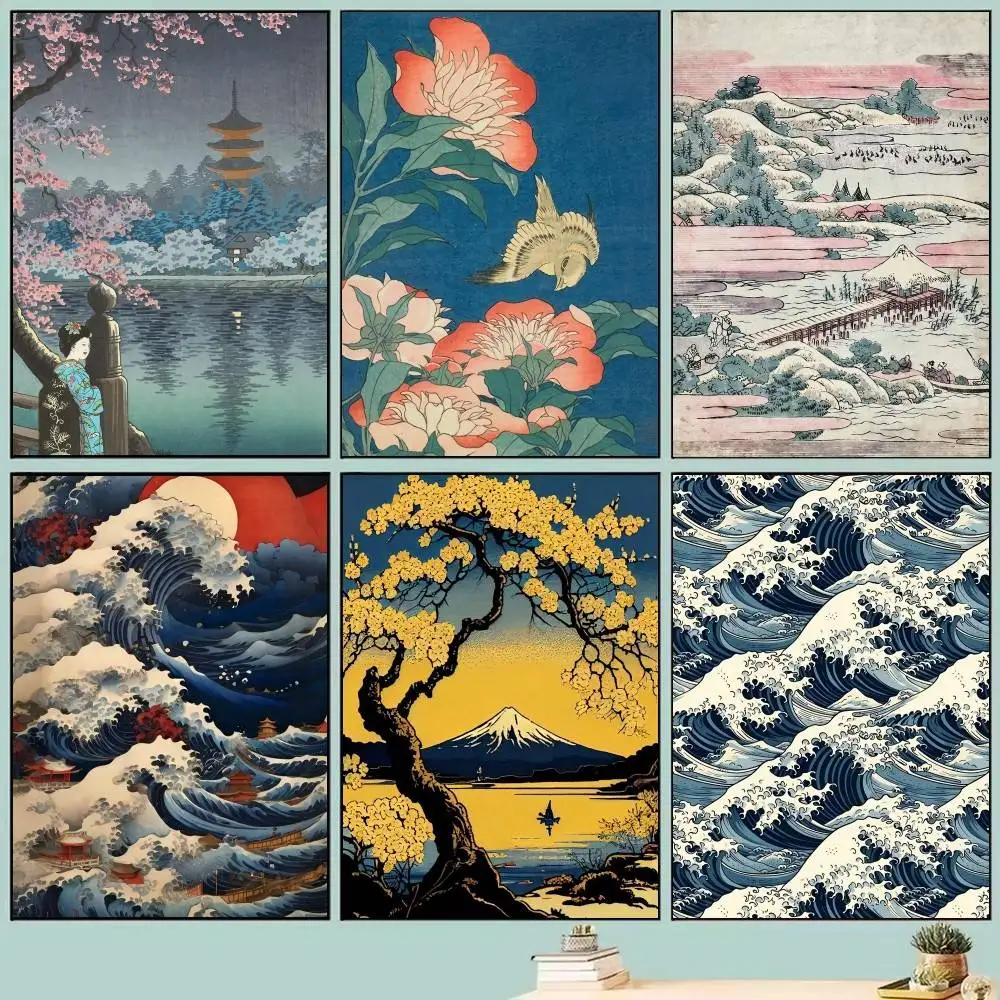 H-Hokusai O-Ohara Koson Artworks Posters Self Adhesive Waterproof Ideal For Living Room Bedroom Bar Decoration