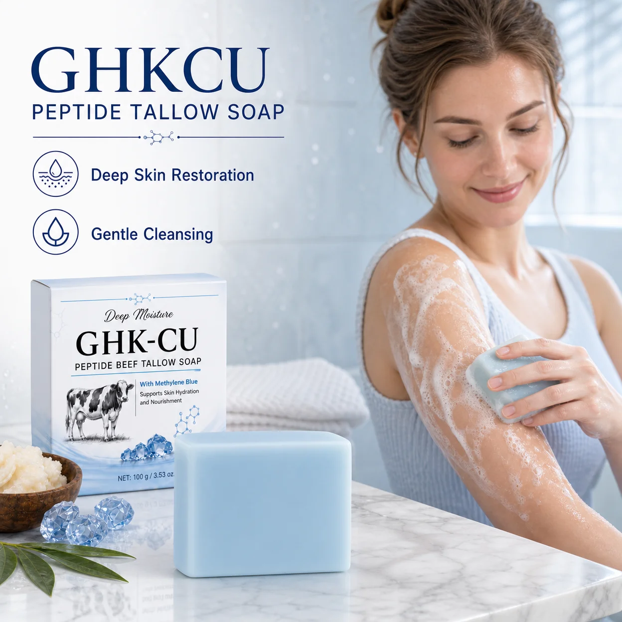 GHK-Cu Peptide Tallow Soap Bar for Face Body Moisturizing Cleansing Anti-Aging Wrinkle Reduction Hydrating Natural Skincare 100g