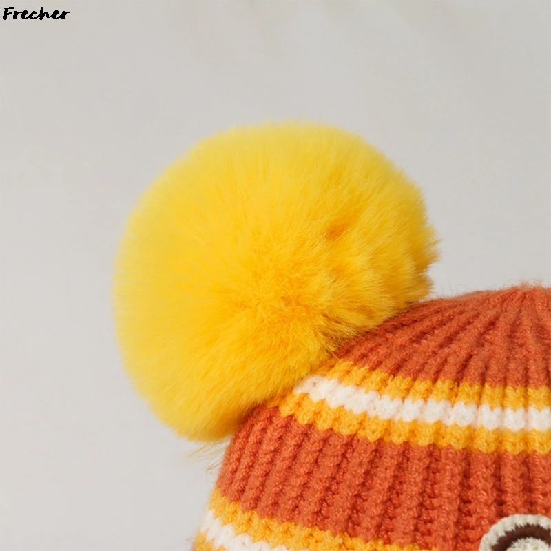 Cute Bear Knitted Hat Double Hairball Baby Soft Hats Winter Warm Headwear Girls Boys Elastic Casual Beanies Caps Fashion image 4