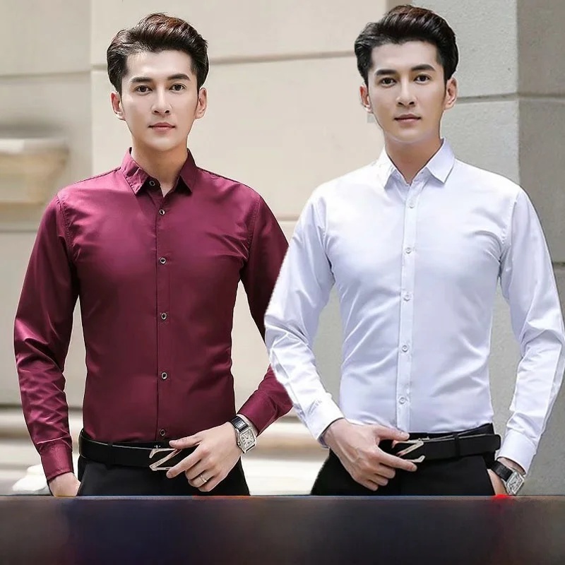 

Белый Slim Fit Long Sve Wedding irt for Mossmen And Fat Men Youth Alli Pure Color Arp Collar Four Seasons Подходит