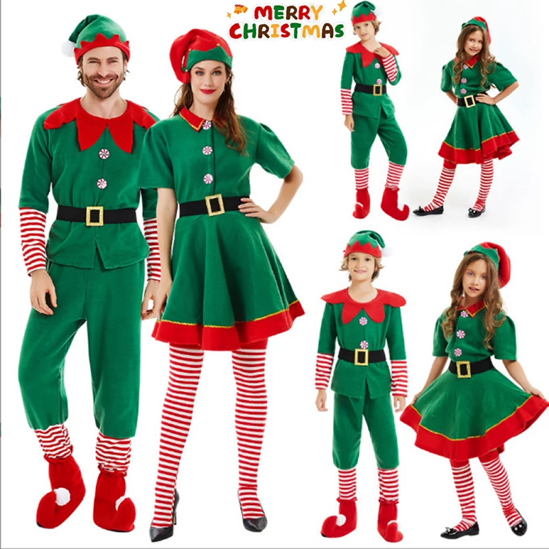 

Christmas Santa Claus Costume Adult Kids Family Green Elf Cosplay Outfits Carnival Party New Year Performance Xmas Dress Gifts