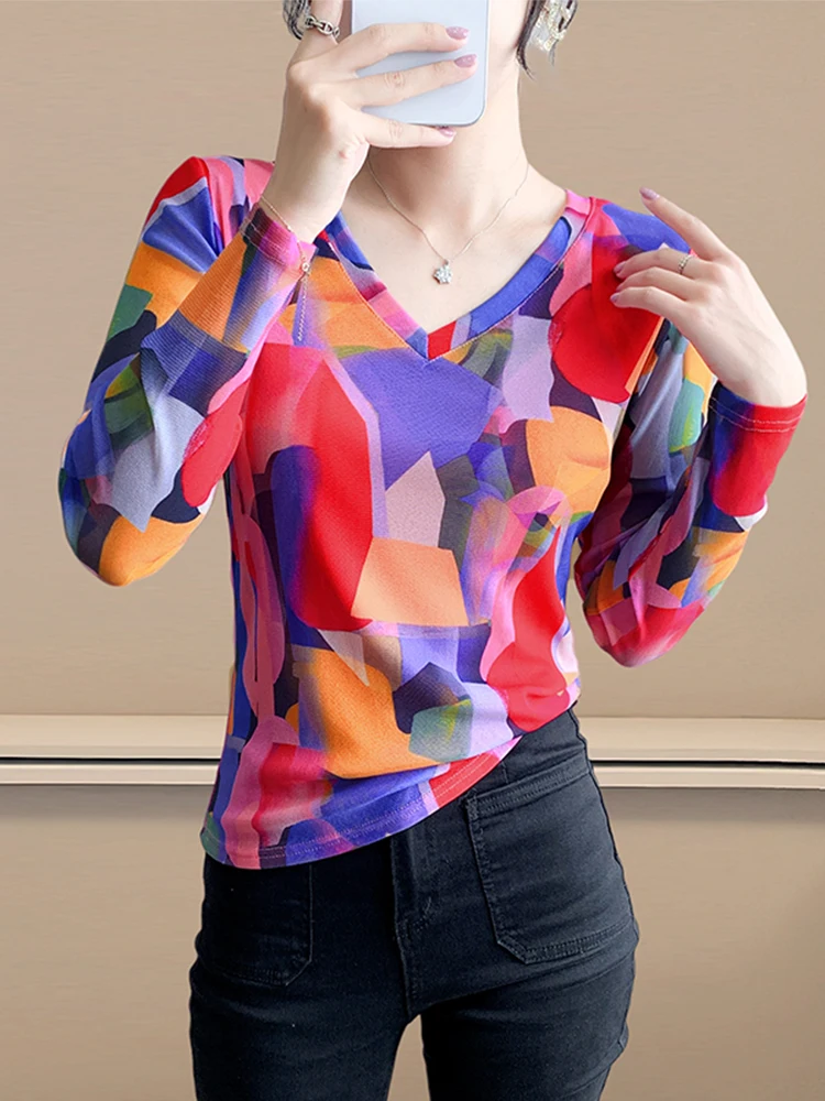 

Sexy V-Neck Long Sleeve Color Block Base Shirt Women's Autumn Fashion Tight Netting Top Slimming Effect Daily Wear