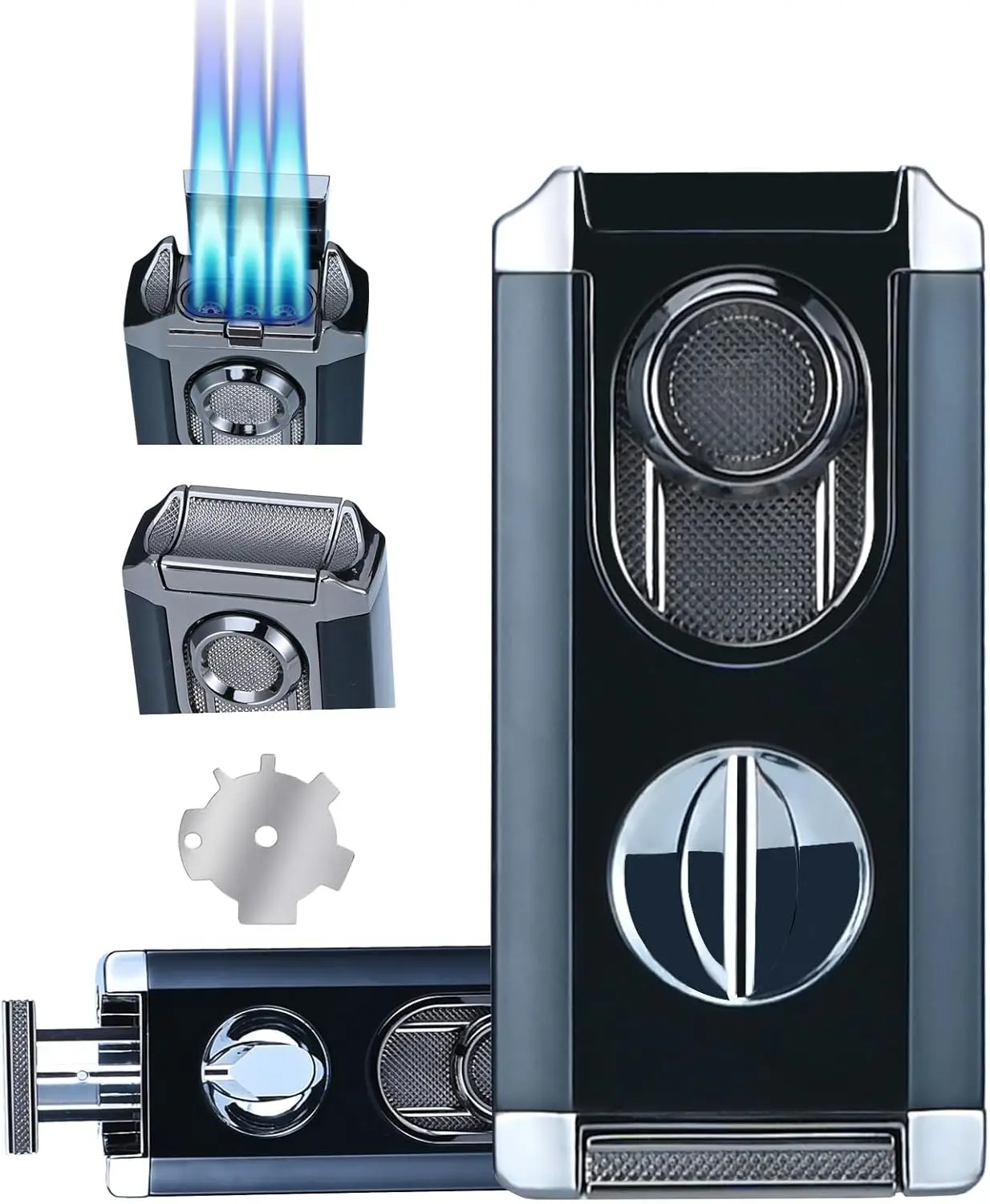 

Windproof Triple Jet Flame Torch Lighter with Stand, Refillable Adjustable 3 Flame Built-in V-Cut, Quality Gift for Men
