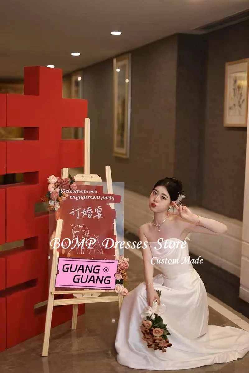 Bomp sem alças cetim uma linha vestidos de casamento sessão de fotos coreia até o chão vestido de noiva festa recepção vestidos personalizados