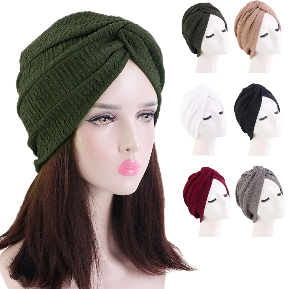 

Fashion Newly Turban Twist Knotted Bonnet Hijab Stretch Head Wrap For Women Indian Cap Muslim Femme Bandanas Hair Care Chemo Cap