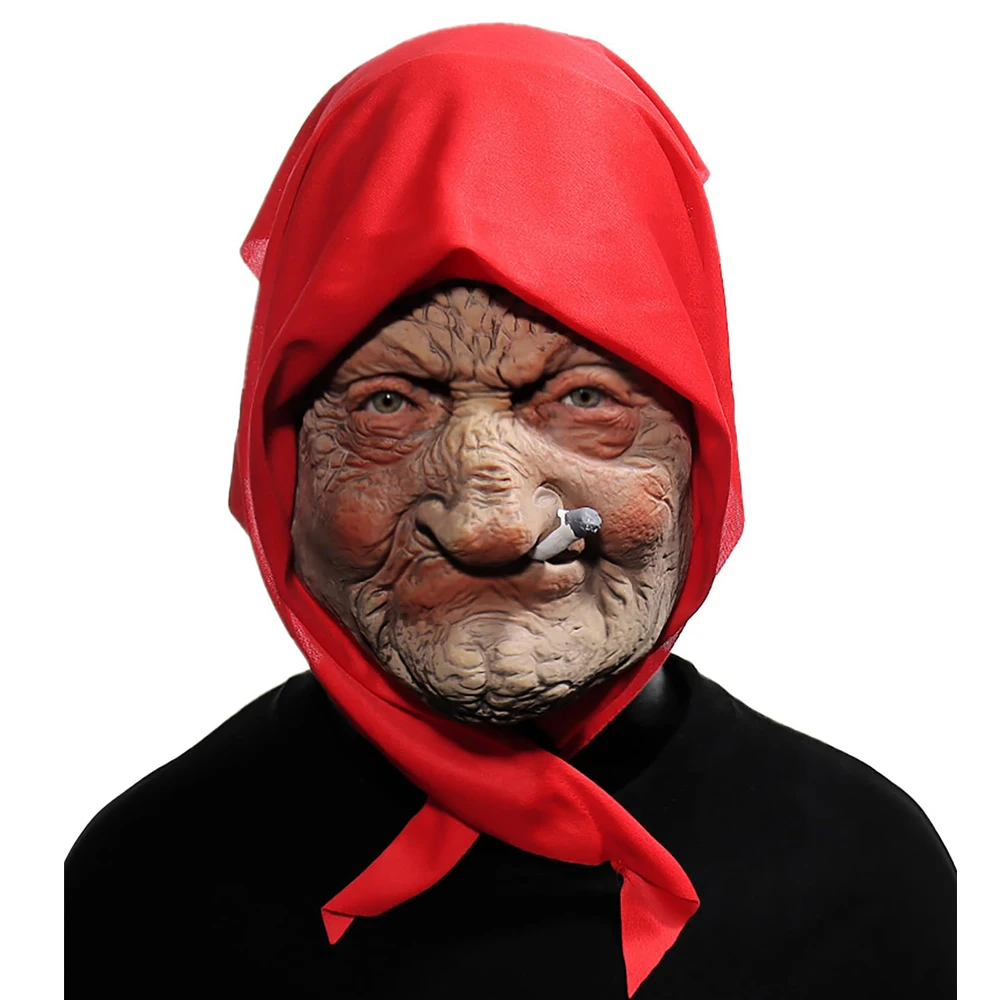 Smoking Old Nana Granny Latex Mask Cosplay Funny Grandma Red Scarf Masks Halloween Carnival Dress Up Purim Party Costume Props