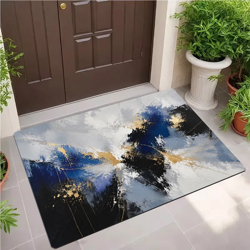 Modern Abstract Marble Doormat Navy Blue Black Gold Splatter Texture Floor Rug Contemporary Art Mat for Front Door House