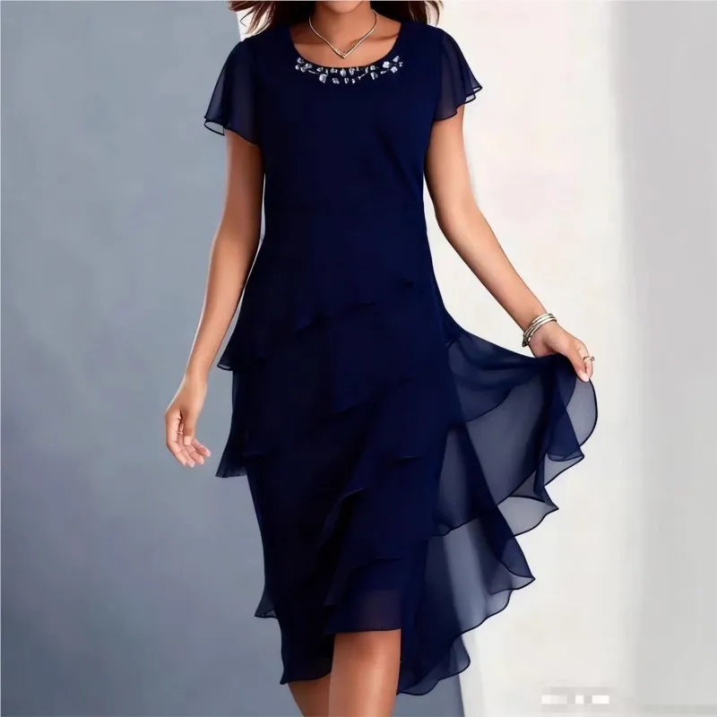 Boho vestido feminino verão moda o pescoço manga curta sólida chiffon em camadas bainha babados bolo festa midi vestidos para mulher novo