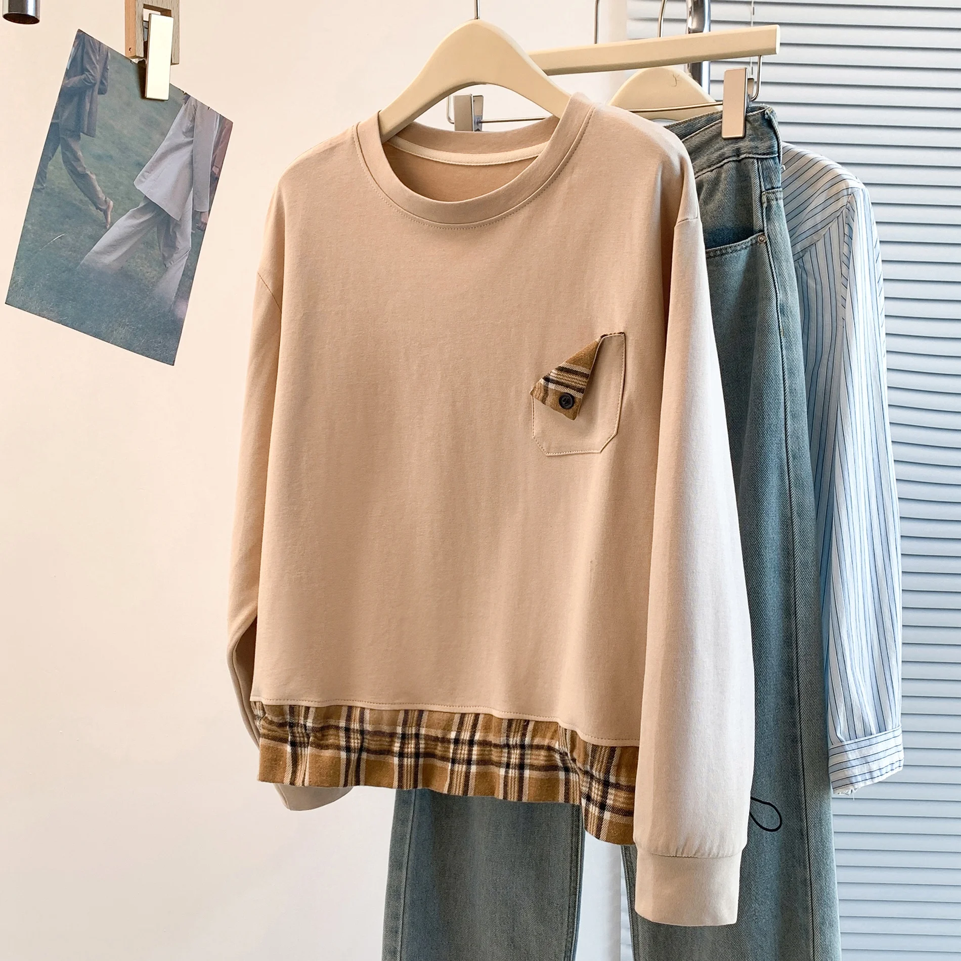 Trendy Plaid Splicing Loose Casual round Ne Women's T-irt Korean Sle Sweatirt Age Reduction Classic Faion Design