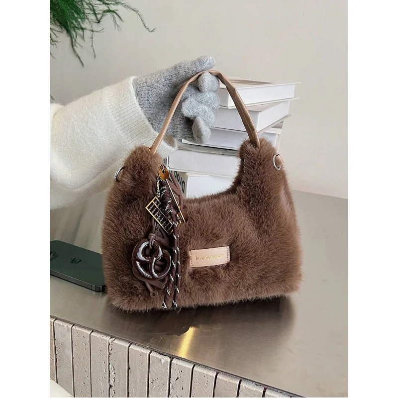 

New Plush Handbag With Pendant, Women Shoulder & Crossbody Bag, Autumn/Winter
