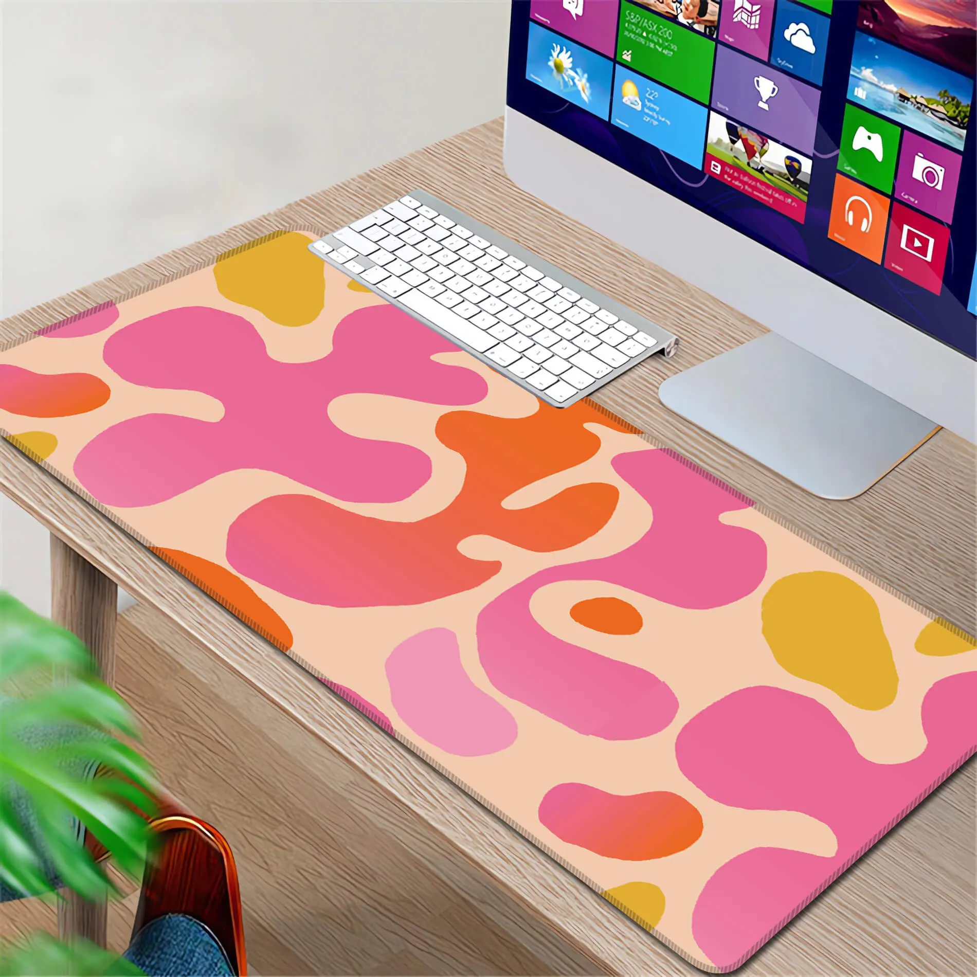 Almofada de mesa rosa, grande tapete de mouse xxl abstrato moderno, tapete de teclado de mesa bonito, acessórios de mesa para mulheres, decoração de escritório