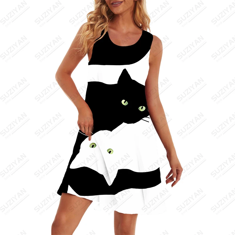 2023 New Summer Dress Ladies Fashion Loose Dress Simple Cute Everyday Sleeveless Dress Kawaii Cat 3D Print Dress