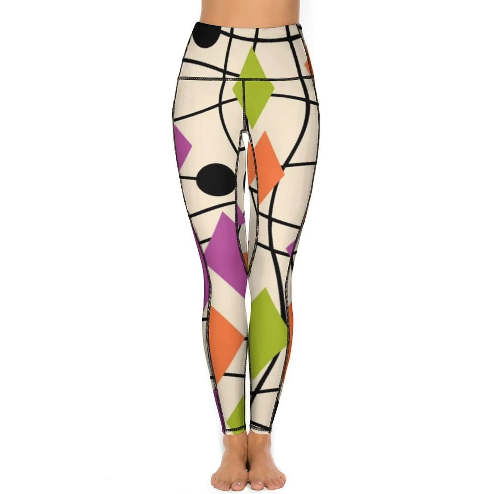 Colorful Mid Century Leggings Sexy Geometric Abstract Gym Yoga Pants High Waist Stretch Sports Tights Novelty Graphic Leggins