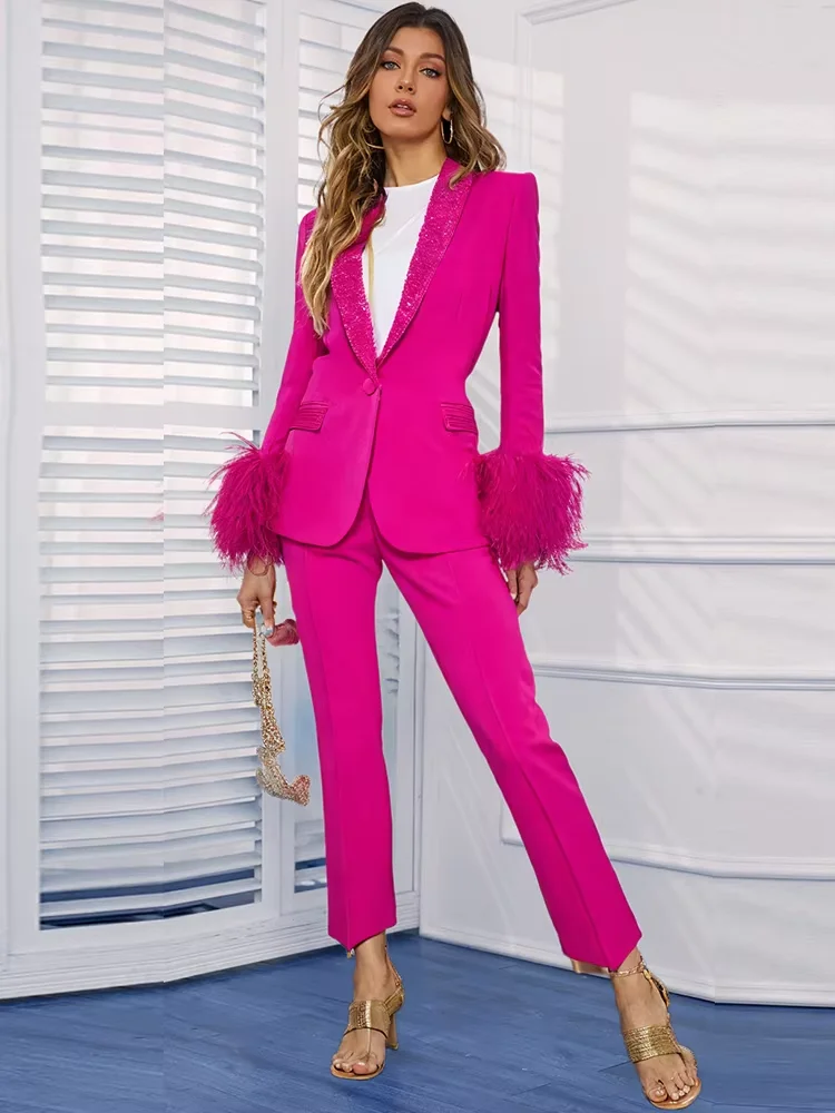 White Hot Pink Pantsuits Blazer Set Ostrich Feather Real Feather Embellished Diamond Shawl Collar Party Suit Jacket Set Outfits