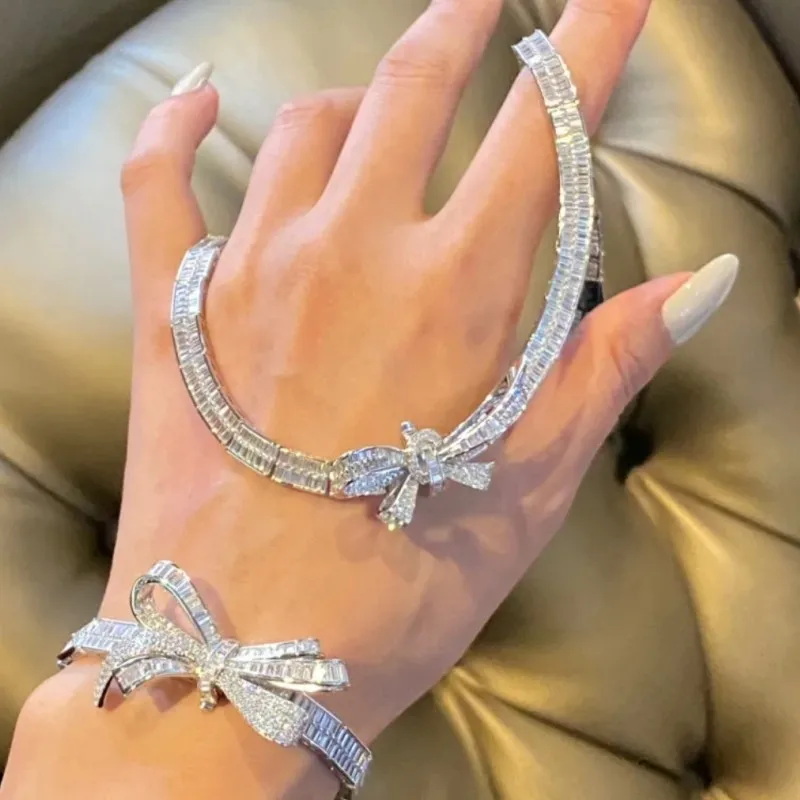 

ZOCA 925 Sterling Silve Bowknot Necklace Full Of Diamond Square Collar Chain Evening Chain Necklace
