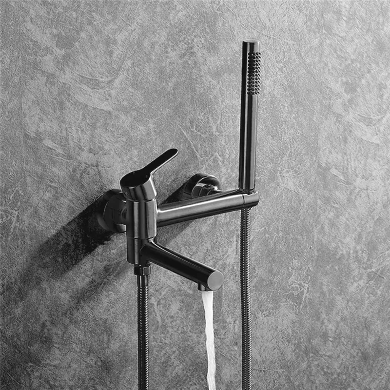 

AEE2-Matte Black Wall-Mounted Bathtub Faucet With Swivel Spout, Long Reach Tub Crane, Single Handle Shower Mixer Tap