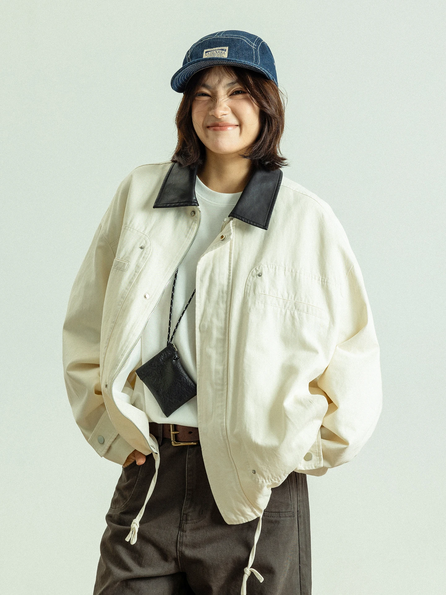

GoodNorth Vintage Barn Style PU Leather Work Jacket Loose Fit Collared Unisex Spring Short Coat Casual Loose Sleeve Long