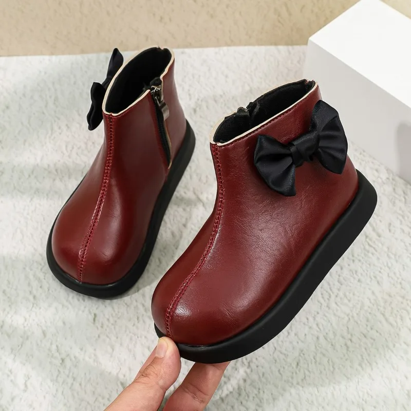 Kids Short Boots Sweet Bows Girls Princess Boots Side Zipper Soft Bottom 2026 Autumn Winter Children Leather Boots Non-slip