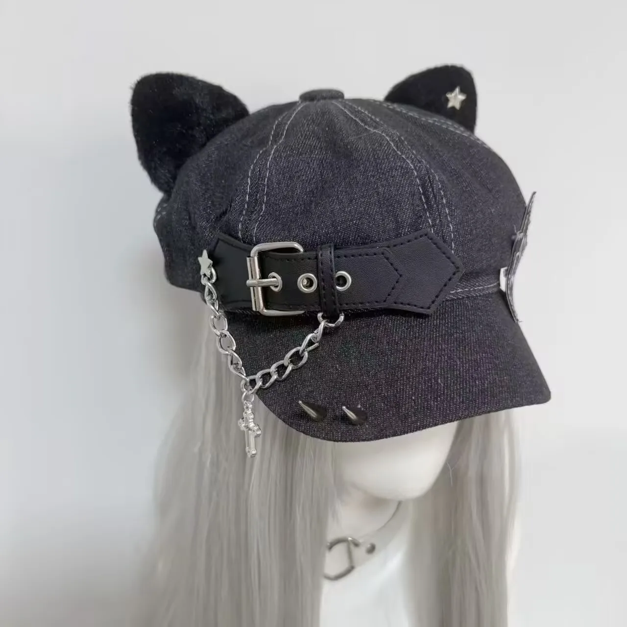 Women's Y2K Punk Streetwear Cat Ear Rivet Leather Beret Handmade Cap Gothic Lolita Harajuku Style Cowboy Hat for Girls