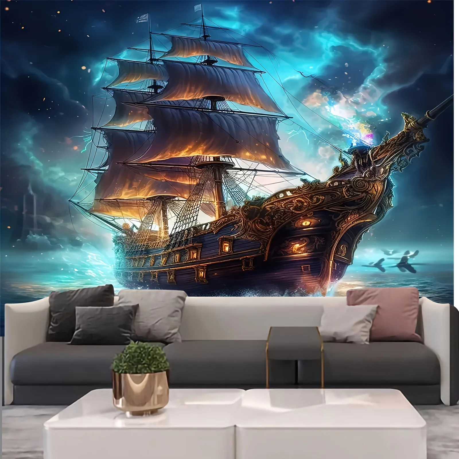 سفينة القراصنة الساحرة ومشهد المحيط نسيج ديكور المنزل الساحلي غرفة نوم غرفة المعيشة الديكور