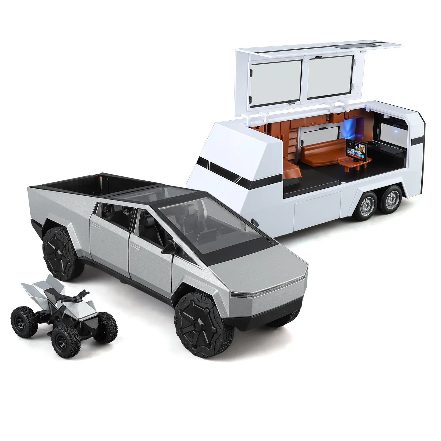 1:24 사이버트럭 픽업 트레일러 RV 금속 합금 장난감 자동차 모델 다이캐스트 오프로드 자동차 소년 어린이 선물 트럭 장식품