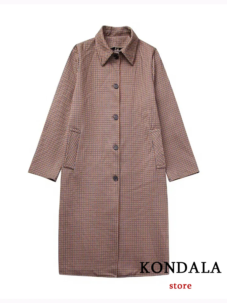 

KONDALA Casual Vintage Chic Women Overcoat Plaid Pockets Single Breasted Long Loose Coat Fashion 2023 Autumn Winter Coat