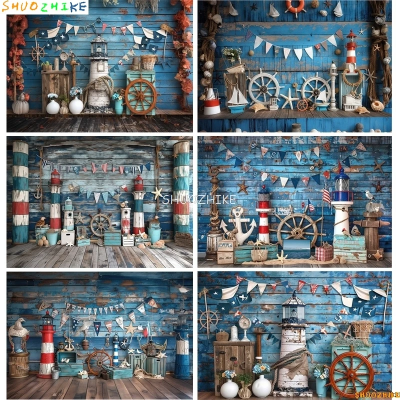 Blue Marine Lighthouse Sailboat Photography Backdrops Fishing Net Balloon Photo Studio Background Birthday Party Decor YW-01