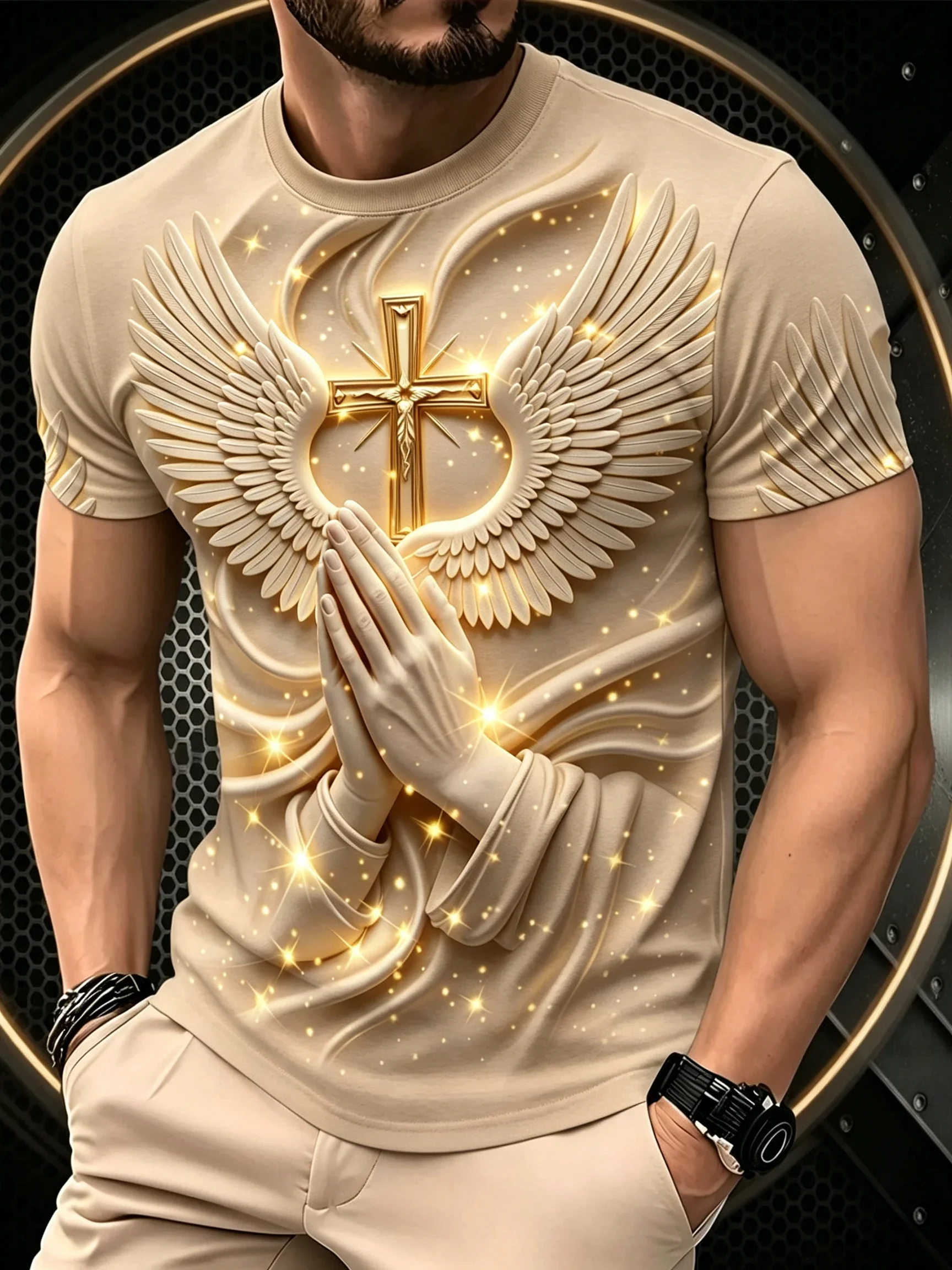Men 3D Jesus Cross Angel Wings Printed T Shirt Summer Casual Short Sleeve Pray Hands Graphic Tees Vintage Streetwear Tops