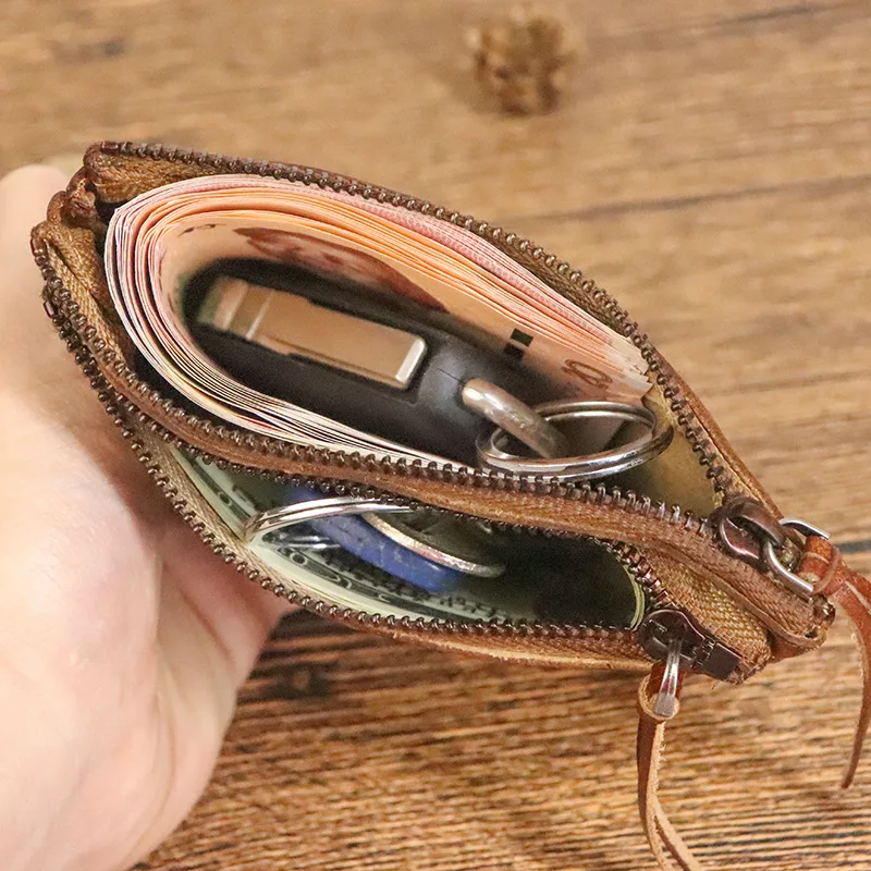  Retro Leather Wallet Super Thin Coin Card Key Holder for Men And Women Top Layer Cowhide Foldable Korean Style Youth