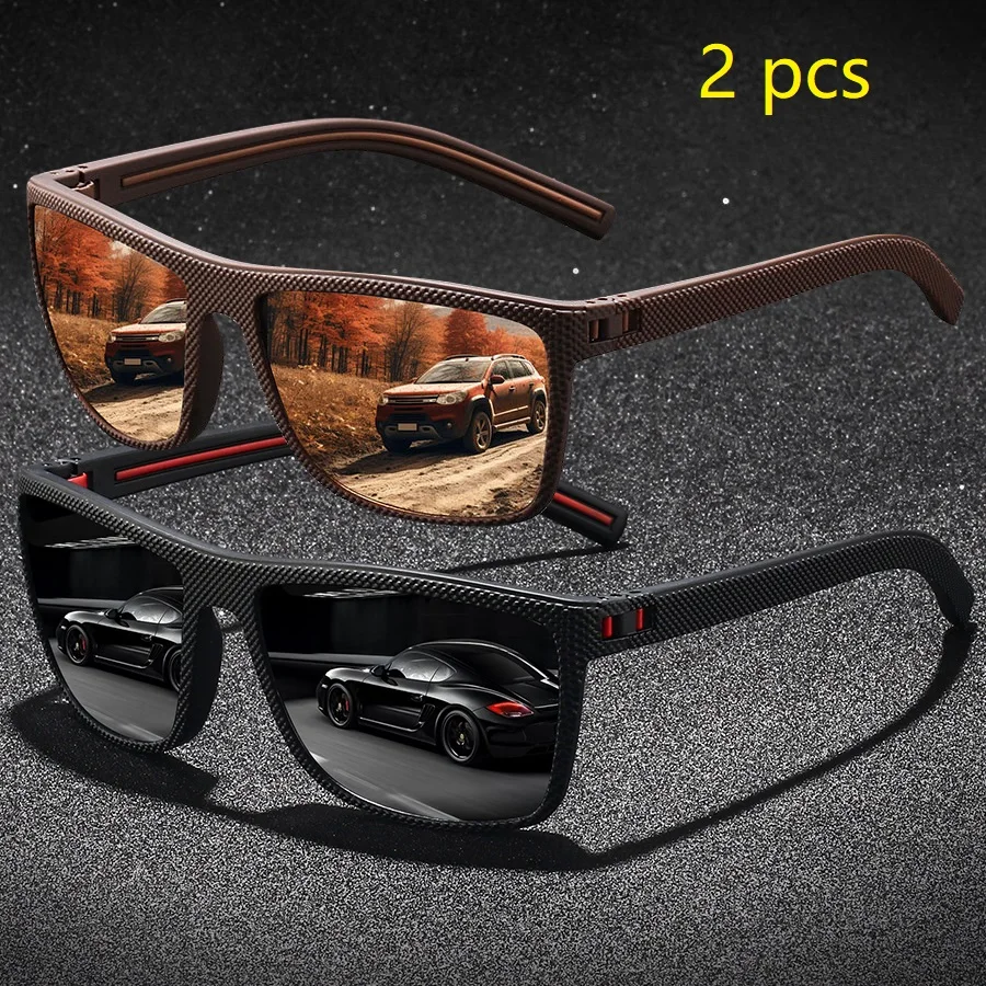 2 Pieces Vintage Check Pattern Polarized Sunglasses For Men Women Fishing Driving Fashion Square Brand Design Sun Glasses UV400