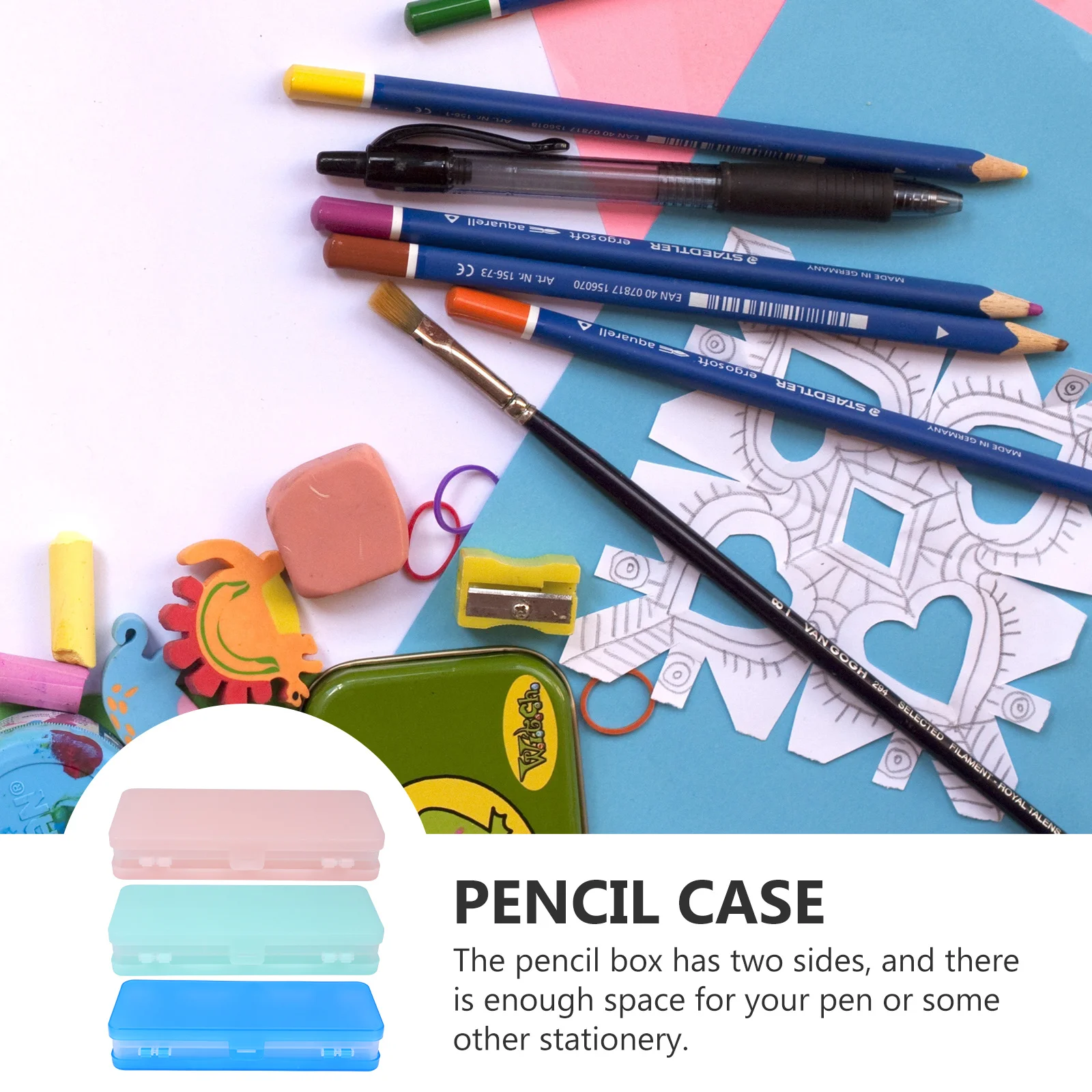 

Hard Sided Pencil Case Boxes for School Translucent Double Sides Stationery Plastic Large