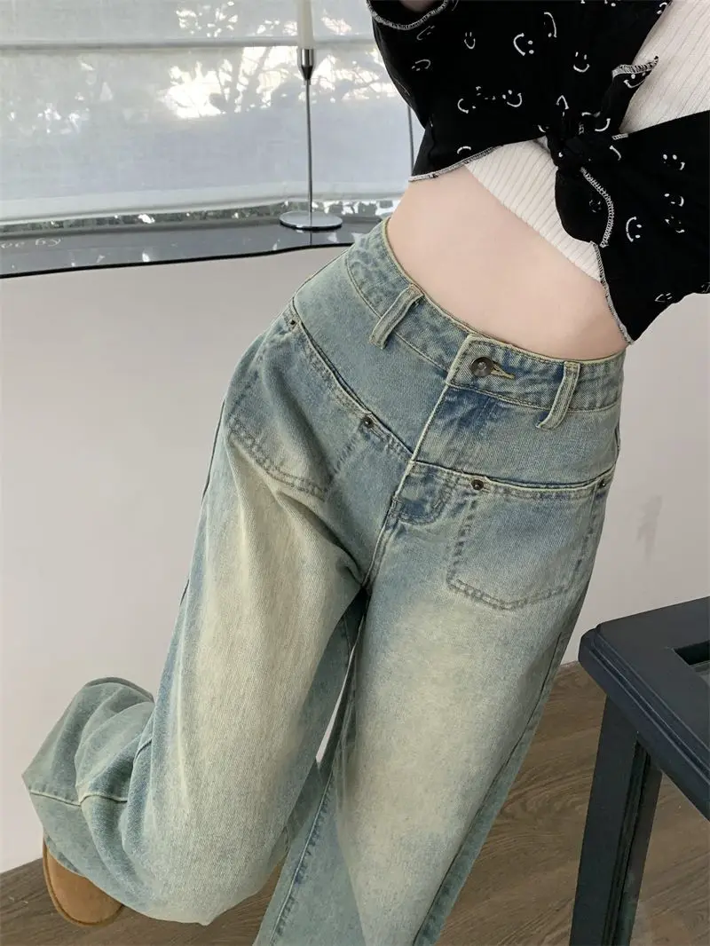 Moda Feminina Calças de Cintura Alta Lavado Jeans Azul Claro Straight Streetwear Y2k Qualidade Do Vintage Harajuku Vestuário Feminino A847