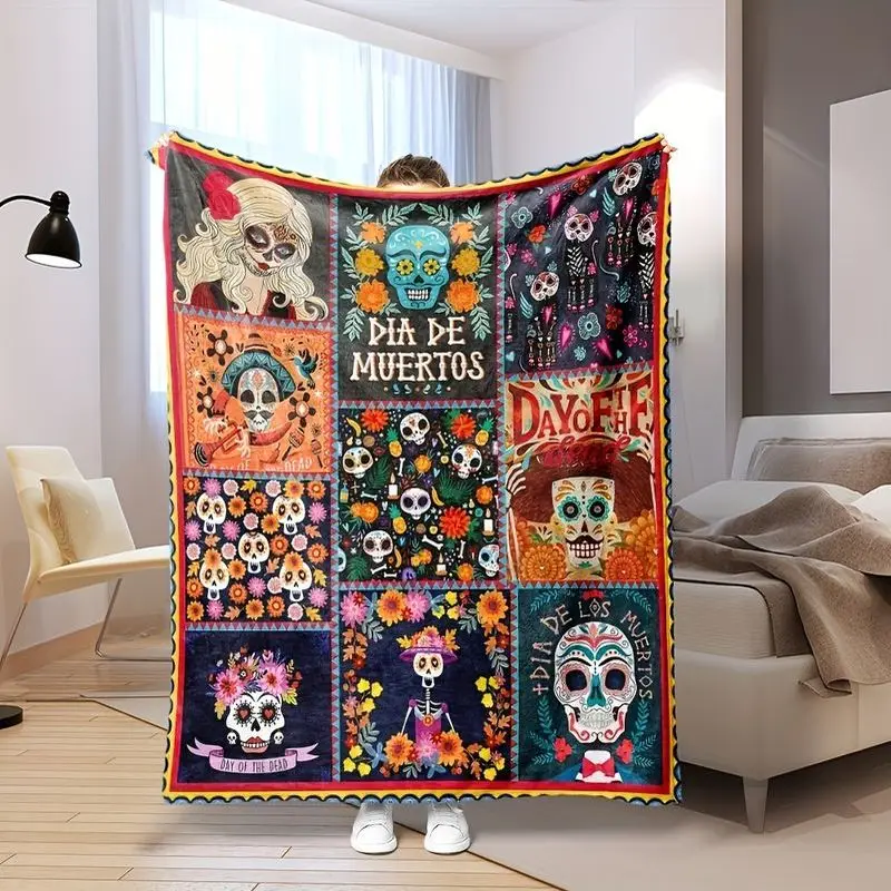 VIKAMA Sugar Skull Flannel Throw Blanket Dia De Los Muertos Floral Skeleton Lightweight Sofa Bed Blanket Home Festival Decor
