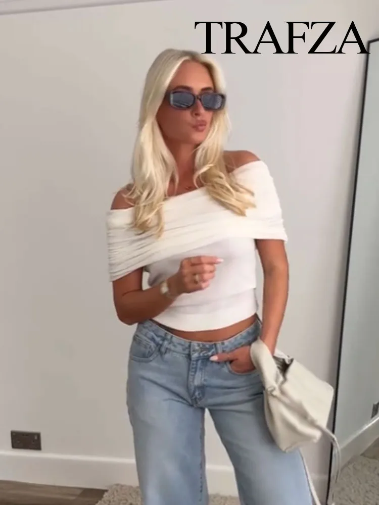 

TRAFZA Women's Summer New Fashion Tops White Slash Neck Off-Shoulder Folds Decorate Pullover Female Chic Slim Knitted Tops