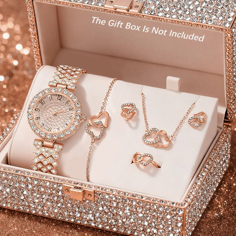 6pcs Women's Luxury Rose Golden-Tone -Adorned Quartz Watch & Jewelry Set - Elegant Bracelet, Necklace, Earrings, Ring
