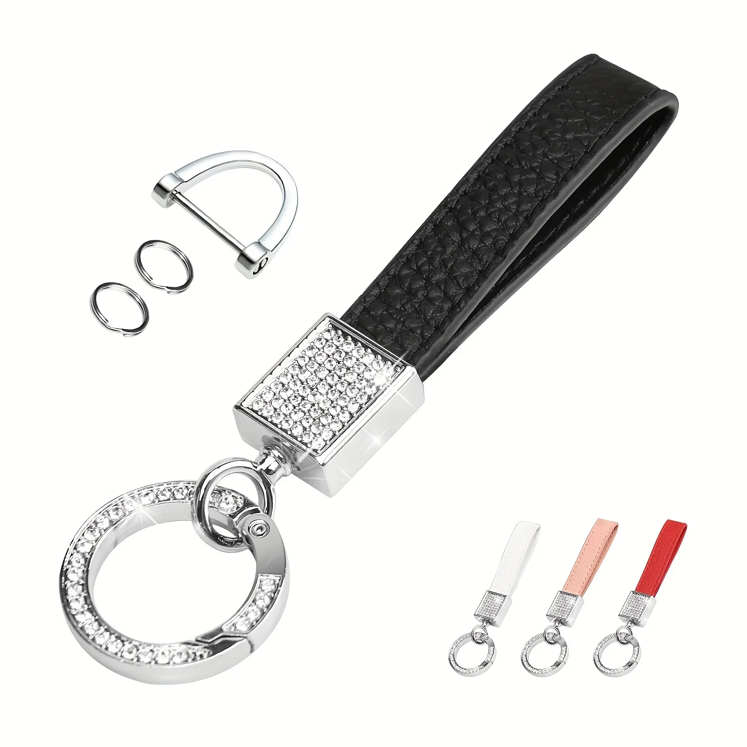 Fashionable Rhinestone Keychain with Leather Wristlet Key Chain and Spring Key Ring Clasp for Car Keys Accessories