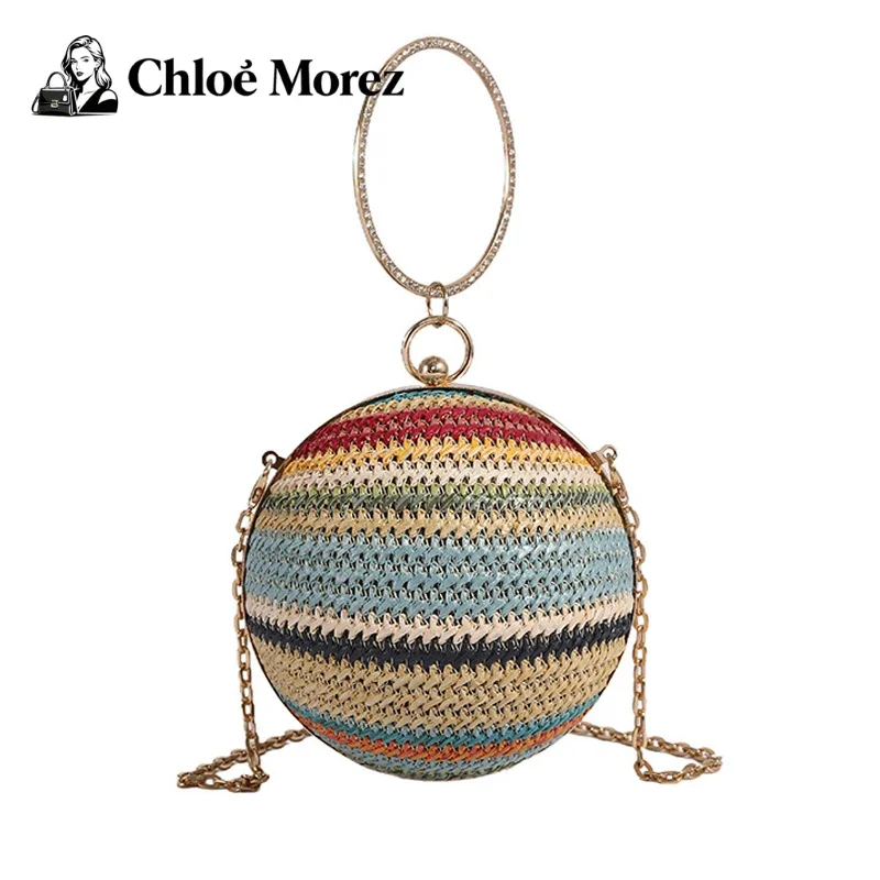 

Rainbow Woven Straw Sphere Bag Bohemian Handmade Crossbody Circle Purse