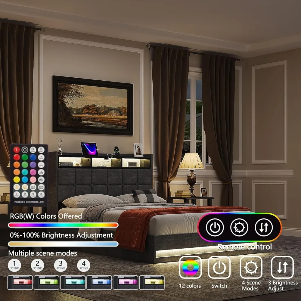 سرير تخزين رفع بالحجم الكامل من VECELO، إطار سرير بمنصة منجدة مع أضواء LED ذكية ومحطة شحن USB، بدون صندوق Spri