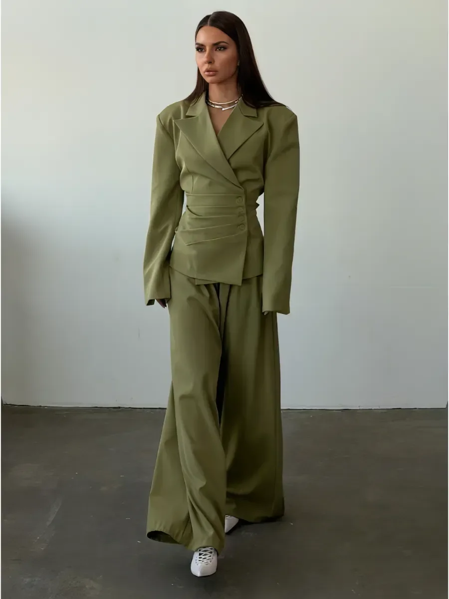 LIMO Notched Lapel Wrap Blazer Ruched Waist Side Button Detail Slim Fitted Long Sleeve Women Elegant Cropped Suit Jacket