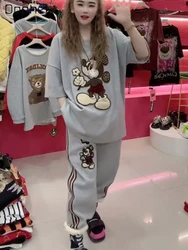 Winter Padded Short Sleeve T-shirt Women Cartoon Embroidered Mid-Length Top Fleece Padded Pants Two-Piece Sets Female