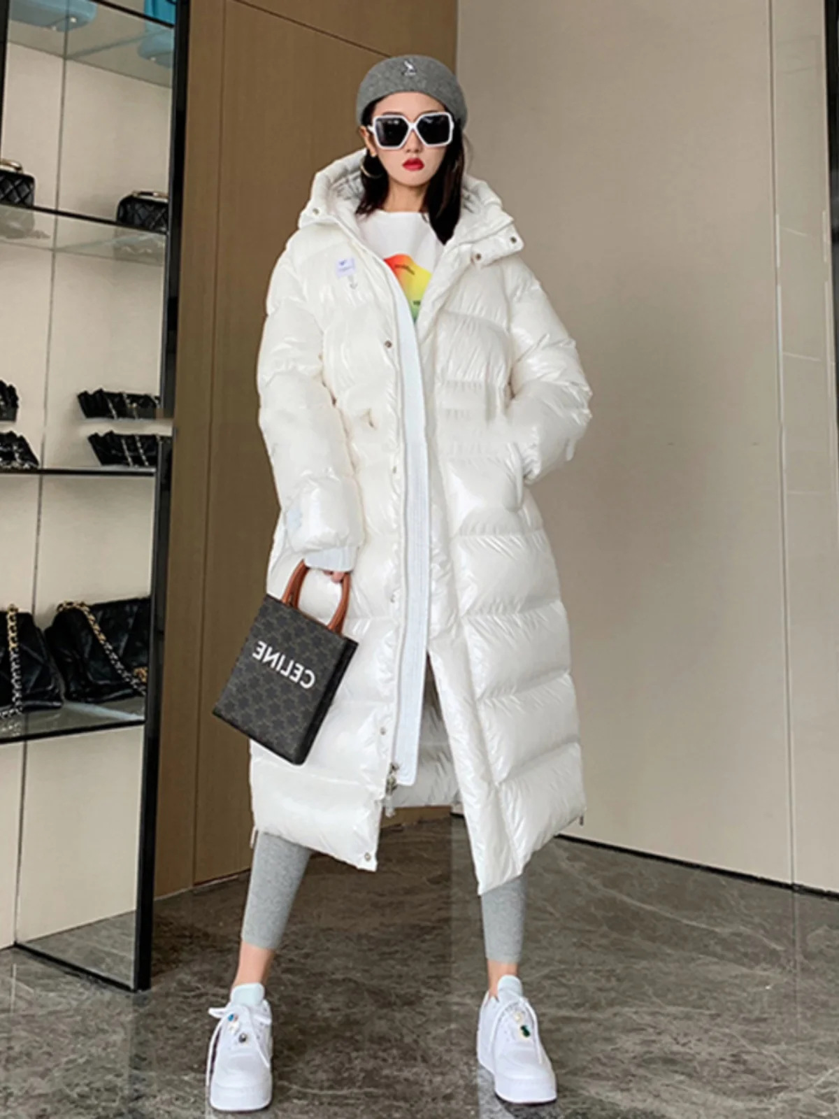 Women\'s Winter Hooded Glossy Long Sleeve Hooded Long White Duck Down Coat Lady Thick Warm Down Outwear